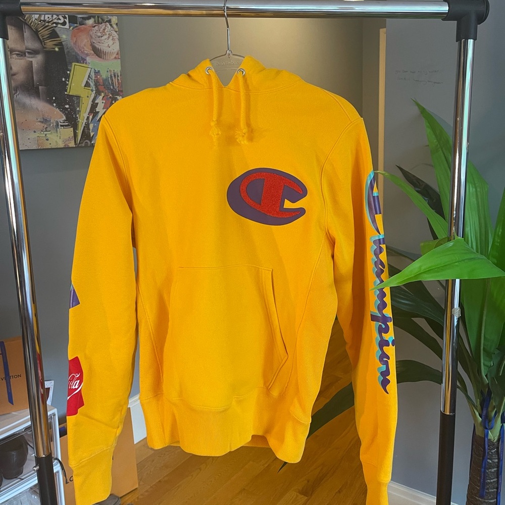 CocaCola Champions Hoodie. Yellow, with multicolor designs and Heavyweight.
